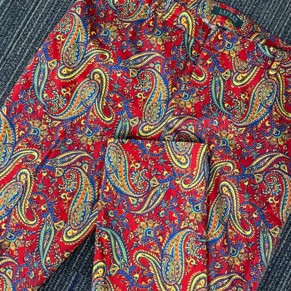 Lauren Ralph Lauren Paisley Pants Women 12 Red Excellent Slim Stretch Mid Rise
